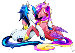 Size: 3507x2480 | Tagged: safe, artist:dormin-dim, character:princess cadance, character:shining armor, ship:shiningcadance, cuddling, eyes closed, female, male, shipping, smiling, snuggling, straight