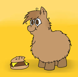 Size: 1405x1385 | Tagged: safe, artist:coalheart, burger, fluffy pony, fluffy pony original art, hamburger, ponies eating meat, solo