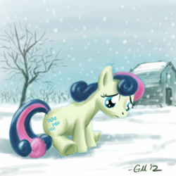 Size: 640x640 | Tagged: safe, artist:giantmosquito, character:bon bon, character:sweetie drops, species:earth pony, species:pony, cutie mark, female, hooves, mare, snow, snowfall, solo, tree