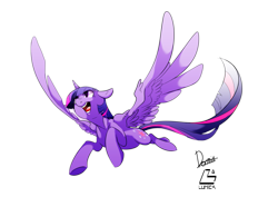 Size: 3507x2480 | Tagged: safe, artist:dormin-dim, character:twilight sparkle, character:twilight sparkle (alicorn), species:alicorn, species:pony, female, flying, happy, mare, signature, simple background, smiling, solo, spread wings, transparent background, wing fluff, wings