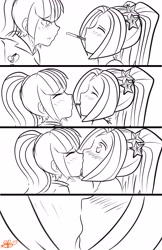 Size: 3369x5200 | Tagged: safe, artist:xxxsketchbookxxx, character:aria blaze, character:sonata dusk, ship:arisona, my little pony:equestria girls, comic, female, kissing, lesbian, monochrome, partial color, pocky, pocky game, sharing food, shipping