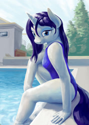 Size: 1400x1980 | Tagged: safe, artist:dahtamnay, character:rarity, species:anthro, species:pony, species:unicorn, g4, clothing, female, horn, looking at you, mare, one-piece swimsuit, smiling, solo, swimming pool, swimsuit, wet, wet mane, wet mane rarity