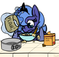Size: 1400x1350 | Tagged: safe, artist:ramott, character:princess luna, baking, bowl, female, filly, flour, frown, levitation, magic, mixing bowl, simple background, sketch, solo, telekinesis, white background, woona