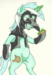 Size: 3066x4410 | Tagged: dead source, safe, artist:sovereignbooty, character:lyra heartstrings, species:pony, species:unicorn, bipedal, clothing, grin, magic, mask, pocket watch, simple background
