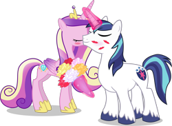 Size: 4584x3350 | Tagged: safe, artist:mit-boy, character:princess cadance, character:shining armor, ship:shiningcadance, bouquet, female, flower, kiss mark, kissing, magic, male, shipping, simple background, straight, transparent background, vector