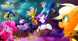 Size: 4724x2480 | Tagged: safe, artist:dormin-dim, character:applejack, character:fluttershy, character:pinkie pie, character:princess celestia, character:rainbow dash, character:rarity, character:twilight sparkle, character:twilight sparkle (alicorn), oc, oc:madame banane, species:alicorn, species:pony, alicornified, banana, bananalestia, cute, diapinkes, fight, food, looking at you, mane six, photobomb, race swap