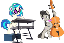 Size: 5000x3390 | Tagged: safe, artist:alicornoverlord, artist:uxyd, character:dj pon-3, character:octavia melody, character:vinyl scratch, species:earth pony, species:pony, species:unicorn, episode:slice of life, g4, my little pony: friendship is magic, .ai available, .svg available, absurd resolution, background pony, bipedal, bow, bow (instrument), bow tie, cello, cello bow, duo, female, headphones, mare, musical instrument, raised eyebrow, simple background, smiling, sunglasses, transparent background, vector