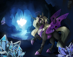 Size: 1280x1000 | Tagged: safe, artist:casynuf, oc, oc only, oc:queen vaspira, species:changeling, species:pony, cave, changeling queen, changeling queen oc, crystal, fangs, female, looking at you, mare, purple changeling, raised hoof, solo, spread wings, wings