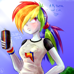 Size: 2100x2100 | Tagged: safe, artist:manic-the-lad, character:rainbow dash, my little pony:equestria girls, a dash of everything, alternate hairstyle, female, hair over one eye, heart, i'm not cute, inner thoughts, solo, sweat, tsunderainbow, tsundere