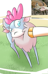 Size: 529x810 | Tagged: safe, artist:congee-painting, community related, character:princess celestia, character:velvet reindeer, species:deer, species:human, species:reindeer, them's fightin' herds, deer doing deer things, deer not want, do not want, faec, frown, hand, hooves, ponified animal photo, wide eyes
