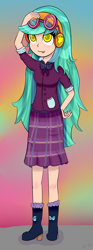 Size: 1009x2707 | Tagged: safe, artist:mit-boy, character:indigo zap, character:lemon zest, equestria girls:friendship games, g4, my little pony: equestria girls, my little pony:equestria girls, bow tie, clothing, crystal prep academy, crystal prep academy uniform, crystal prep shadowbolts, female, fusion, goggles, headphones, long hair, looking up, pleated skirt, school uniform, signature, skirt, solo, tongue out