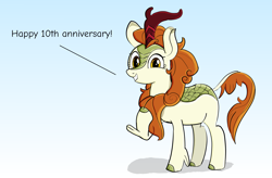 Size: 7600x5000 | Tagged: safe, artist:calinou, manebooru original, character:autumn blaze, species:kirin, g4, license:cc0, cel shading, dialogue, female, gradient background, krita, looking at you, mlp fim's tenth anniversary, shading, smiling, solo, speech bubble, text