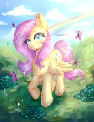 Size: 2450x3150 | Tagged: safe, artist:midoriya_shouto, character:fluttershy, species:pegasus, species:pony, g4, butterfly, chest fluff, cloud, cute, ear fluff, leg fluff, painting, rainbow, solo
