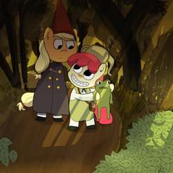 Size: 3500x3500 | Tagged: safe, artist:davierocket, character:apple bloom, character:applejack, clothing, costume, crossover, forest, greg, hat, over the garden wall, toad, tree, wirt