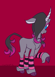Size: 454x636 | Tagged: safe, artist:thattagen, community related, character:oleander, species:classical unicorn, species:pony, species:unicorn, them's fightin' herds, 2015, chest fluff, clothing, cloven hooves, colored hooves, eyeshadow, female, floppy ears, fluffy, leg warmers, leonine tail, makeup, raised hoof, red background, simple background, socks, solo, striped socks, unshorn fetlocks