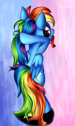 Size: 1800x3000 | Tagged: safe, artist:ferasor, character:rainbow dash, species:pegasus, species:pony, abstract background, alternate hairstyle, backwards cutie mark, bipedal, cute, dashabetes, female, hnnng, human shoulders, looking at you, looking back, mare, mouth hold, ponytail, rear view, ribbon, solo