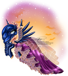 Size: 1288x1432 | Tagged: safe, artist:tiffanymarsou, character:princess luna, clothing, dress, female, flying, solo, wink