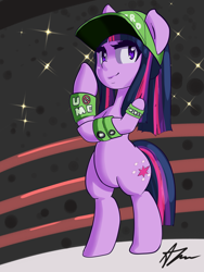 Size: 3000x4000 | Tagged: safe, artist:acharmingpony, character:twilight sparkle, character:twilight sparkle (unicorn), species:pony, species:unicorn, bipedal, clothing, commission, female, hat, john cena, looking at you, smiling, smirk, solo, sweatband, u cant c me, wrestling, wrestling ring, wwe, you can't see me
