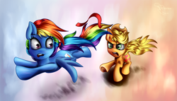 Size: 3500x2000 | Tagged: safe, artist:ferasor, character:applejack, character:rainbow dash, chase, hairband