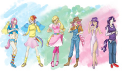 Size: 900x529 | Tagged: safe, artist:sehad, character:applejack, character:fluttershy, character:pinkie pie, character:rainbow dash, character:rarity, character:twilight sparkle, species:human, abs, applejack also dresses in style, clothes swap, clothing, girly, horned humanization, humanized, rainbow dash always dresses in style, sandals, simple background, socks, tailed humanization, tomboy taming, winged humanization