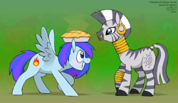 Size: 950x550 | Tagged: safe, artist:drjavi, character:zecora, oc, oc:firebrand, species:pegasus, species:pony, species:zebra, balancing, canon x oc, eyes on the prize, grin, licking lips, pie, raised hoof, sharing, shipping, smiling, spread wings, squee, tongue out, wings
