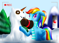 Size: 2573x1870 | Tagged: safe, artist:bludraconoid, character:rainbow dash, camera, camera shot, carrot, clothing, donut, female, hat, mouth hold, ponytail, recording, scarf, snow, snowpony, solo, top hat