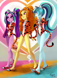 Size: 2480x3347 | Tagged: safe, artist:paradoxbroken, character:adagio dazzle, character:aria blaze, character:sonata dusk, my little pony:equestria girls, animal costume, animal ears, clothing, crossover, female, josie and the pussycats, leotard, open mouth, the dazzlings