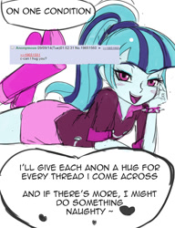 Size: 690x900 | Tagged: safe, artist:paradoxbroken, character:sonata dusk, my little pony:equestria girls, 4chan, blushing, female, flirting, looking at you, prone, solo