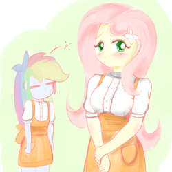 Size: 1200x1200 | Tagged: safe, artist:fromamida, character:fluttershy, character:rainbow dash, my little pony:equestria girls, blushing, breast envy, breasts, busty fluttershy, clothing, delicious flat chest, long hair, looking at you, rainbow flat, waitress
