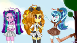 Size: 2500x1424 | Tagged: safe, artist:vixelzf, character:adagio dazzle, character:aria blaze, character:sonata dusk, my little pony:equestria girls, adoragio, ariabetes, cartoon network, cleavage, clothing, cosplay, costume, crossed arms, crossover, cute, female, group, midriff, open mouth, raised leg, signature, skirt, sonatabetes, the dazzlings, trio, we bare bears