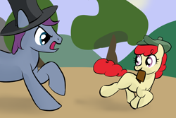 Size: 900x600 | Tagged: safe, artist:ambrosebuttercrust, character:twist, angry, chase, clothing, glare, hat, mouth hold, oliver twist, open mouth, raised hoof, running, smiling, top hat
