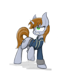 Size: 1280x1574 | Tagged: safe, artist:blvckmagic, oc, oc only, oc:littlepip, species:pony, species:unicorn, fallout equestria, clothing, cutie mark, fanfic, fanfic art, female, hooves, horn, mare, raised hoof, simple background, solo, teeth, vault suit, white background
