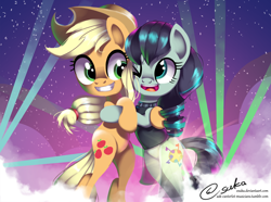 Size: 1890x1405 | Tagged: safe, artist:esuka, character:applejack, character:coloratura, species:pony, episode:the mane attraction, g4, my little pony: friendship is magic, bipedal, clothing, cowboy hat, duo, female, glowing cutie mark, hat, lights, night sky, one eye closed, open mouth, rara, signature, stars, stetson, that was fast