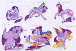 Size: 6600x4464 | Tagged: safe, artist:dawn22eagle, character:flash sentry, character:twilight sparkle, character:twilight sparkle (alicorn), character:twilight sparkle (unicorn), oc, oc:evening tune, oc:morning star, parent:flash sentry, parent:twilight sparkle, parents:flashlight, species:alicorn, species:classical unicorn, species:dragon, species:pony, species:unicorn, ship:flashlight, absurd resolution, colored hooves, colored wings, colored wingtips, dragons riding ponies, egg, female, future, horn ring, immortality blues, leonine tail, male, multicolored wings, next generation, offspring, realistic horse legs, riding, shipping, spike's egg, straight, tail feathers, traditional art