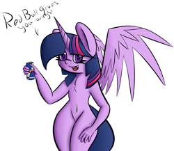 Size: 1296x1126 | Tagged: safe, artist:color-spark, character:twilight sparkle, character:twilight sparkle (alicorn), species:alicorn, species:anthro, species:pony, barbie doll anatomy, energy drink, featureless crotch, female, red bull, red bull gives you wings, solo