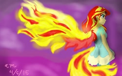 Size: 1280x800 | Tagged: safe, artist:fallenangel5414, character:sunset shimmer, episode:my past is not today, g4, my little pony: equestria girls, my little pony:equestria girls, female, fiery shimmer, fiery wings, flame tail, side view, solo, sunset phoenix