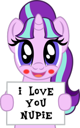 Size: 908x1449 | Tagged: safe, artist:nupiethehero, character:starlight glimmer, oc, species:pony, species:unicorn, blushing, canon x oc, cute, female, glimmerbetes, holding, male, mare, open mouth, shipping, show accurate, sign, solo, straight