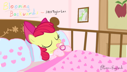 Size: 938x532 | Tagged: dead source, safe, artist:oliver-england, character:apple bloom, species:earth pony, species:pony, g4, adorabloom, blooming backwards, bust, clothing, crib, cute, dawwww, door, drawing, fanfic art, female, filly, footed sleeper, hnnng, oliver-england is trying to murder us, onesie, pacifier, painting, pajamas, portrait, sleeping, solo, sweet dreams fuel, weapons-grade cute, young