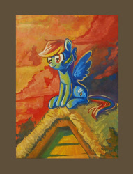 Size: 508x664 | Tagged: safe, artist:lexx2dot0, character:rainbow dash, cute, dashabetes, female, gouache, painting, roof, rooftop, scenery, solo, traditional art