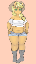 Size: 900x1604 | Tagged: safe, artist:pettankochanv, character:applejack, species:anthro, species:plantigrade anthro, applebucking thighs, chubby, clothing, daisy dukes, female, hat, looking at you, plump, shorts, simple background, socks, solo, standing, strong fat