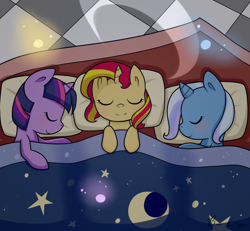 Size: 1344x1240 | Tagged: safe, artist:cloureed, character:sunset shimmer, character:trixie, character:twilight sparkle, species:pony, species:unicorn, bed, blanket, fanfic, fanfic art, filly, filly sunset shimmer, filly trixie, filly twilight sparkle, magical trio, nap, sleeping, sleepover, sunsleep shimmer, young, younger