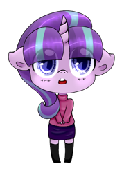 Size: 340x475 | Tagged: safe, artist:cloureed, character:starlight glimmer, species:anthro, species:pony, species:unguligrade anthro, species:unicorn, chibi, clothing, cute, eye clipping through hair, female, glimmerbetes, mare, open mouth, simple background, skirt, solo, sweater, transparent background