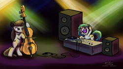 Size: 1920x1080 | Tagged: safe, artist:esuka, character:dj pon-3, character:octavia melody, character:vinyl scratch, species:earth pony, species:pony, species:unicorn, bipedal, bow tie, cello, duo, duo female, female, glasses, hilarious in hindsight, mare, music, musical instrument, photoshop, standing, wallpaper