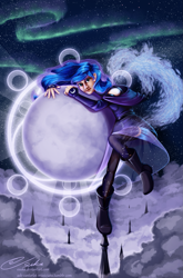 Size: 1385x2098 | Tagged: safe, artist:esuka, character:princess luna, species:human, aurora borealis, boots, clothing, crepuscular rays, female, humanized, moon, pantyhose, shirt, skirt, solo, tangible heavenly object