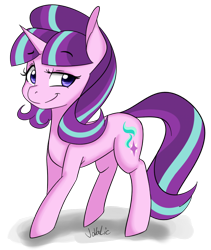 Size: 956x1134 | Tagged: safe, artist:jovalic, character:starlight glimmer, species:pony, species:unicorn, colored pupils, female, looking at you, mare, raised eyebrow, signature, simple background, smirk, solo, transparent background
