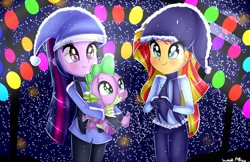 Size: 1938x1255 | Tagged: safe, artist:vixelzf, character:spike, character:sunset shimmer, character:twilight sparkle, character:twilight sparkle (alicorn), species:alicorn, my little pony:equestria girls, christmas, clothing, gloves, hat, plushie, scarf, snow, snowfall