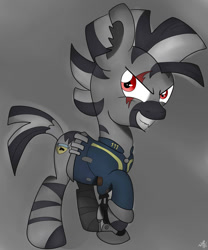 Size: 1024x1229 | Tagged: safe, artist:theartistsora, oc, oc only, oc:mcmiag, species:zebra, fallout equestria, angry, commission, fallout, prosthetic limb, prosthetics, red eyes, scar, sticky note, vault suit