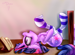 Size: 3000x2200 | Tagged: safe, artist:ferasor, character:twilight sparkle, character:twilight sparkle (alicorn), species:alicorn, species:pony, book, chest fluff, clothing, dressing, female, mare, on back, reading, socks, solo, striped socks