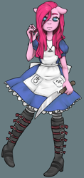 Size: 910x1920 | Tagged: safe, artist:pettankochanv, character:pinkamena diane pie, character:pinkie pie, species:anthro, alice in wonderland, alice:madness returns, crossover, female, knife, solo, vorpal blade