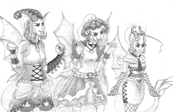 Size: 1691x1104 | Tagged: safe, artist:madness-with-reason, character:adagio dazzle, character:aria blaze, character:sonata dusk, my little pony:equestria girls, horns, monochrome, redesign, redraw, the dazzlings, wip